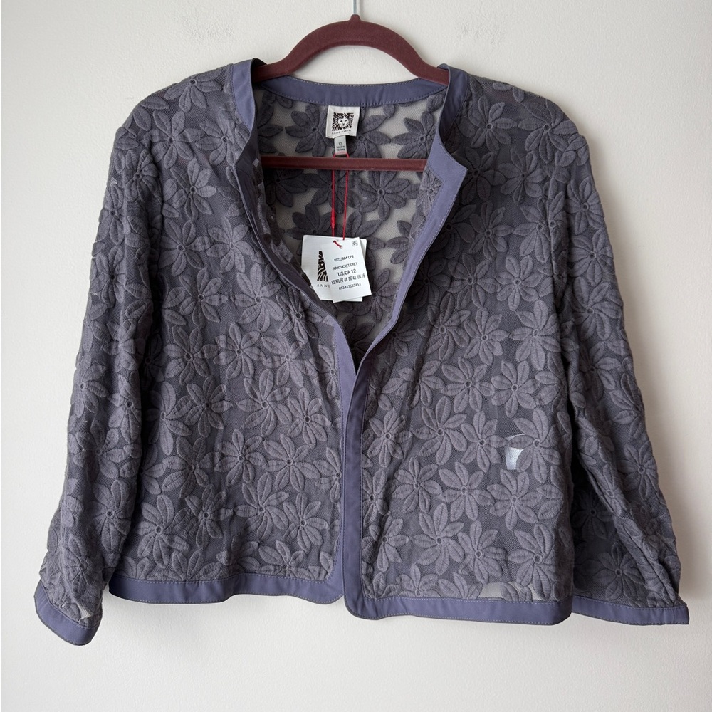 Anne Klein Gray Floral Lace Open Front Blazer Jacket